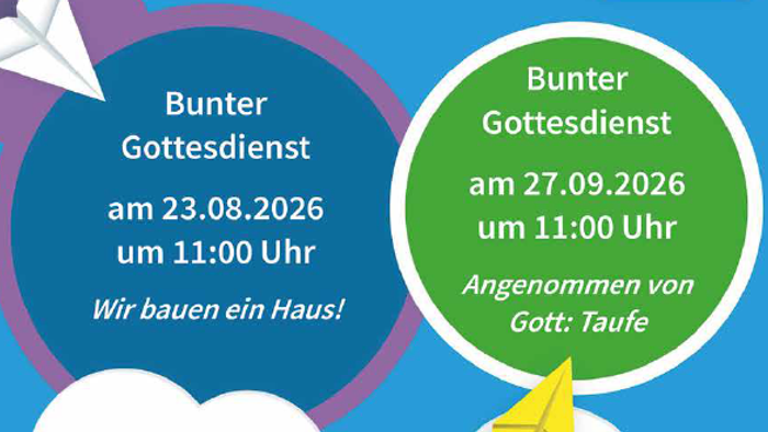 Einladungsplakat für bunte Gottesdienste und Familienveranstaltungen mit anschließendem Suppenkessel-Treffen.