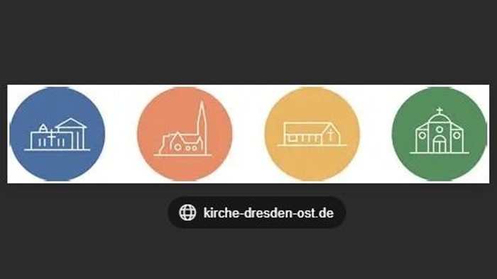 Logo mit vier Kirchen-Symbolen und dem Website-Link „kirche-dresden-ost.de“ darunter.