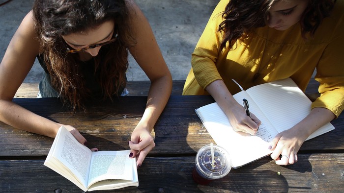 Frauen lesen Bücher an einem Picknicktisch im Freien