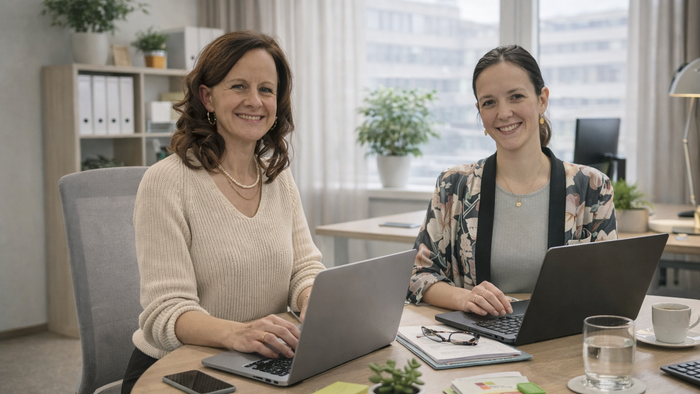 Zwei Frauen, die an einem gemeinsamen Arbeitsplatz mit geöffneten Laptops und Büromaterial auf einem hellen Schreibtisch lächeln.