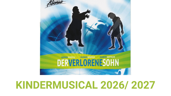 Ein Plakat für das Kindermusical 2026/2027 der Evangelischen Jugend Ende. Auf blauem Hintergrund sind zwei Figuren zu sehen. Die linke Person begrüßt die rechte mit offenen Armen. Darunter steht der Titel des Musicals: