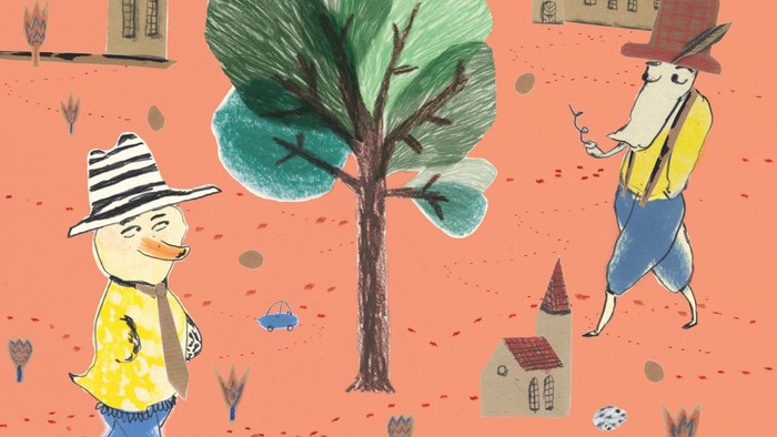 To dyr går på tur i en rosefarvet landskab med træ og kirker