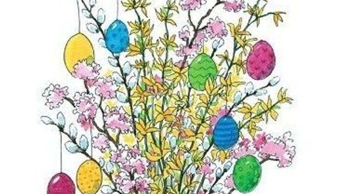 Bunte Ostereier zwischen blühenden Blumen in einer schlichten Vase, künstlerisch illustriert von Ines Rarisch.