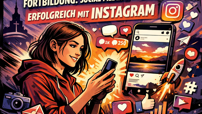 Eine Frau nutzt glücklich Instagram für erfolgreiches Social-Media-Training in der EKHN, umgeben von Interaktionssymbolen.