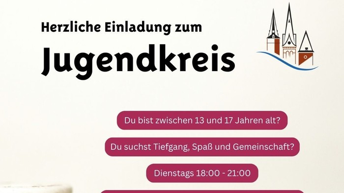 Plakat-Einladung für ein Jugendgruppentreffen mit Gemeinschaft, Spaß und biblischen Gesprächen für Jugendliche von 13 bis 17 Jahren.