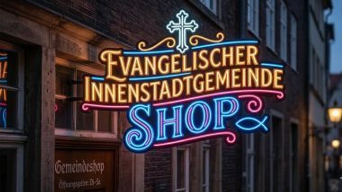 Leuchtreklame mit dem Schriftzug evangelischer Innenstadtgemeinde Shop