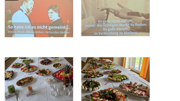Collage mit Fotos aus dem Vortrag, vom Buffet und der Dekoration