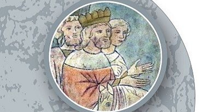 Das Etikett zeigt eine illustrierte Darstellung von drei Personen, die in historische Kleidung gekleidet sind.