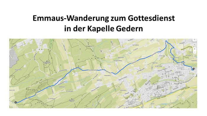 Eine Landkarte mit einem blauen Weg. Über der Karte steht