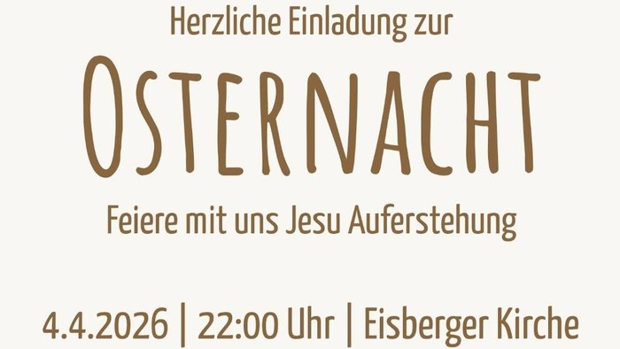 Einladungsplakat zur Osternacht mit Kerzenlicht, stillen Momenten und Filmvorführungen zur Feier der Auferstehung Jesu.