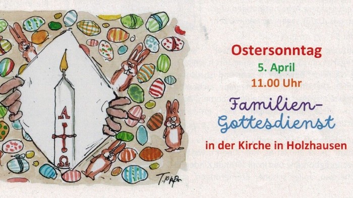 Bunte Oster-Einladung zum Familiengottesdienst am 5. April um 11 Uhr in Holzhausen.