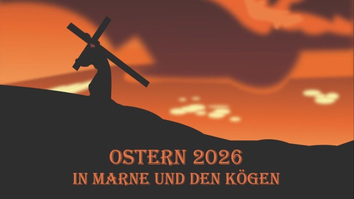 Silhouette von Jesus, der das Kreuz trägt, vor einem dramatischen Sonnenuntergang, mit dem Text „Ostern 2026“ auf Deutsch.