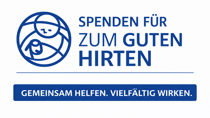 Das Bild zeigt ein blau-weißes Spendenbanner mit dem Schriftzug „Spenden für zum guten Hirten“ und dem Slogan „Gemeinsam helfen. Vielfältig wirken.“ sowie einem stilisierten Logo einer Person mit Kind im Kreis.