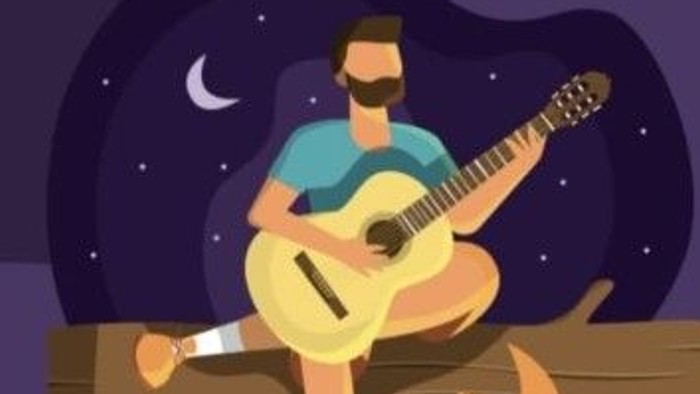 Grafik eines Menschen mit Gitarre am nächtlichen Lagerfeuer