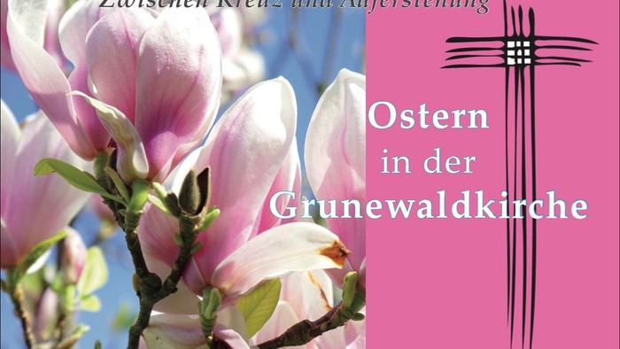 Osterplakat mit Blüten, Kreuz und Kirchen-Text auf Deutsch.