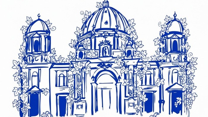 Der Berliner Dom als Zeichnung mit Weinreben an der Außenfassade.