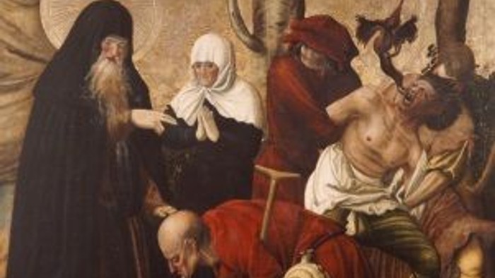 Eine religiöse Szene, die die Kreuzigung Christi mit Trauernden und Zuschauern in mittelalterlicher Kleidung darstellt.