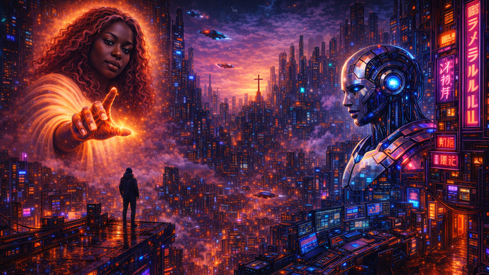 Eine futuristische Stadtlandschaft, in der die leuchtende Energie einer Frau auf eine hochentwickelte Roboterfigur trifft – umgeben von neonbeleuchteten Wolkenkratzern.