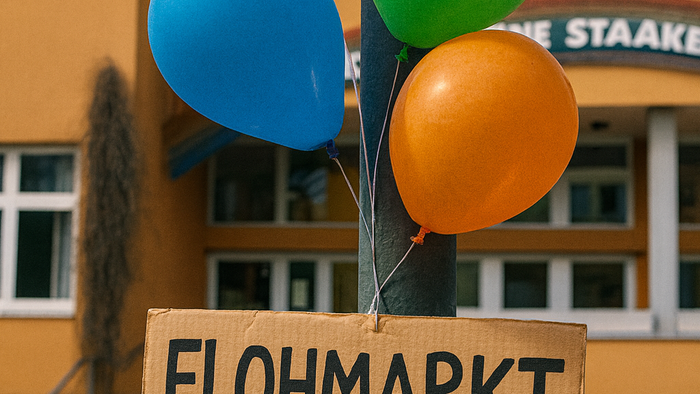 Ein Schild mit der Aufschrift „Flohmarkt“ und einem nach rechts zeigenden Pfeil, geschmückt mit bunten Luftballons vor einem Gebäude.