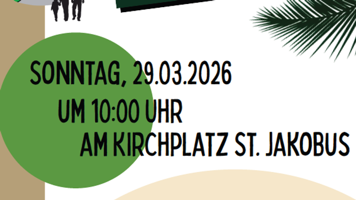 Kirchengottesdienstankündigung für Palmsonntag am 29. März 2026 mit Prozession und Erfrischungen.