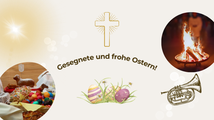 Kreuz in der Mitte, Feue und Osterkuchen und Ostereier