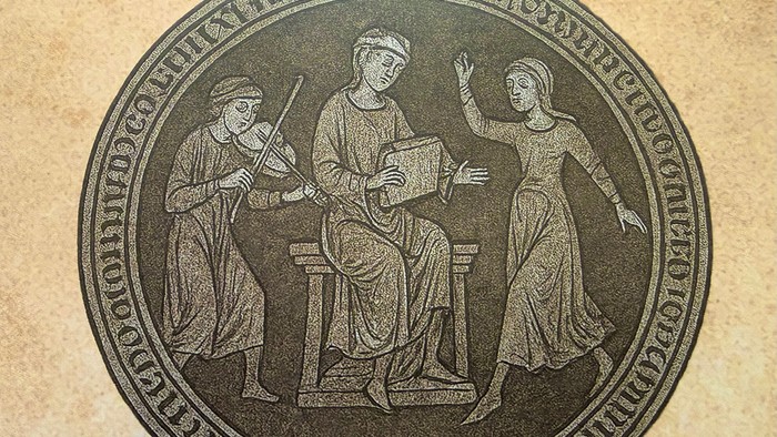 Mittelalterliche Illustration, die Musiker und einen Gelehrten in einem runden Siegel mit lateinischer Inschrift darstellt.
