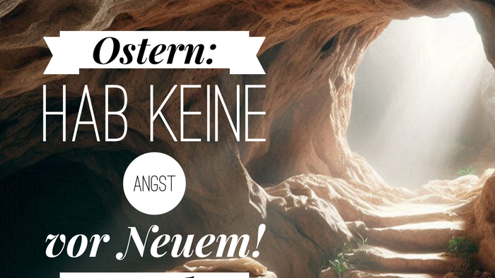 Oster-motivierendes Grafikdesign, das dazu ermutigt, die Angst vor neuen Anfängen zu überwinden – mit Höhlen- und Lichtmotiven.