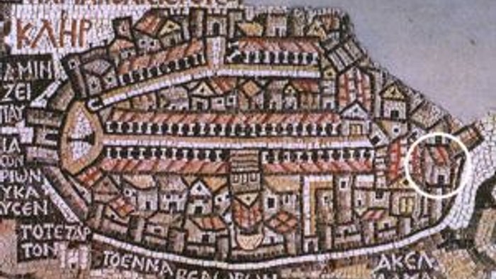 Ancient map with detailed city layout and labels.