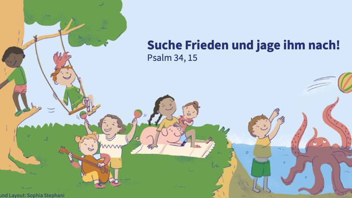 Illustrierte Kinderszene mit verspielten Figuren und dem Text aus Psalm 34,15 über das Streben nach Frieden.
