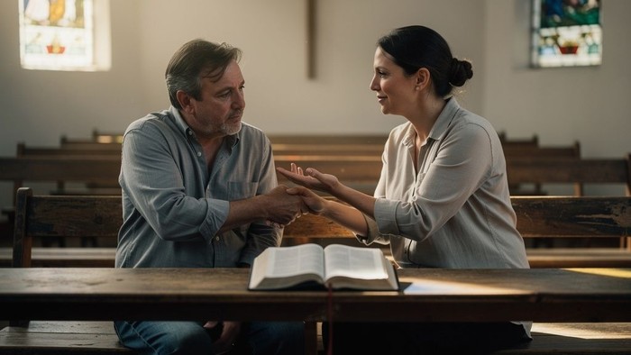 Paar, das sich während einer feierlichen Kirchenzeremonie an den Händen hält, mit einer geöffneten Bibel zwischen ihnen.