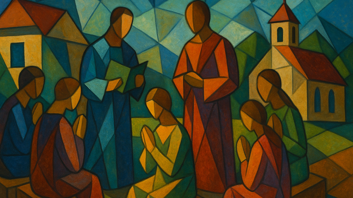 Ein farbenfrohes kubistisches Gemälde zeigt eine Gruppe von Menschen, die sich vor einer Kirche versammeln