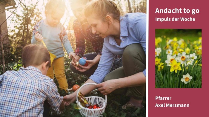 Frau und Kinder befüllen ein Osterkörbchen