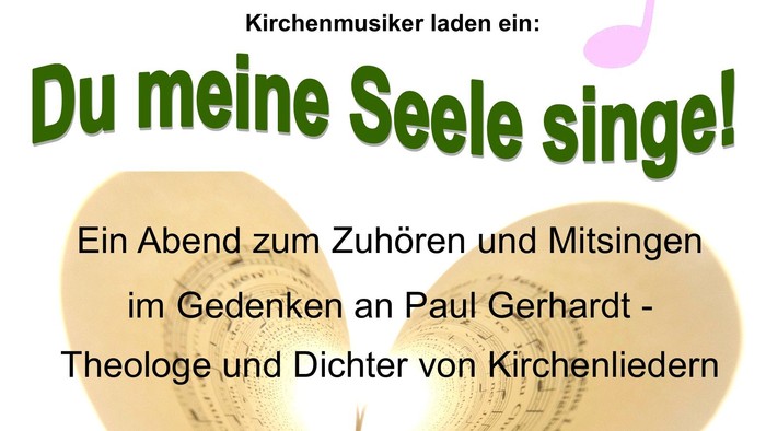 Plakat lädt zum Mitsingen von Kirchenliedern zu Ehren von Paul Gerhardt am 27. Mai 2026 um 19 Uhr ein.