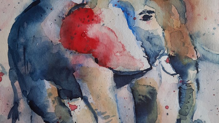 Aquarellmalerei eines expressiven Elefanten mit kräftigen roten und blauen Akzenten auf strukturiertem Hintergrund.