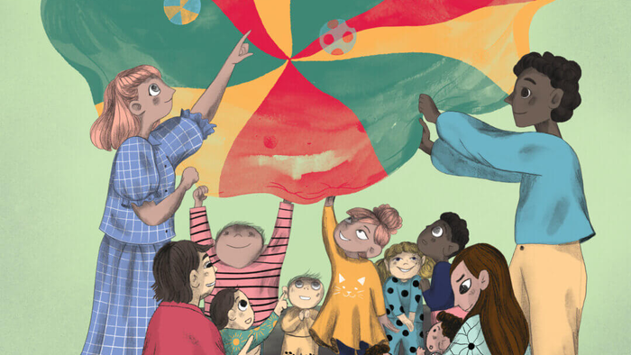 Børn og voksne laver fælles kunstprojekt med farver og former