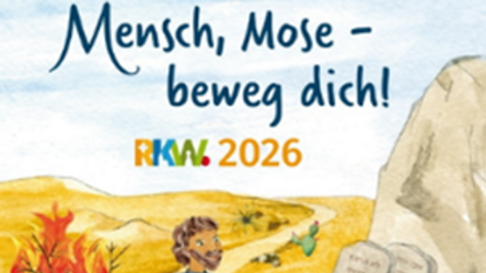 Illustration von Mose mit Stab nahe den Zehn Geboten, dargestellt in einer Wüstenlandschaft mit dem Text *„Mensch, Mose – beweg dich!“*