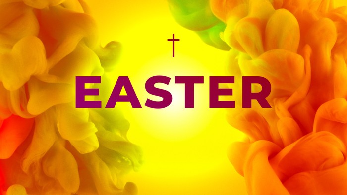 Bright Easter graphic with flowers and cross