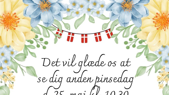 Indbydelseskort til festlig udendørs fødselsdagskirkegudstjeneste med forfriskninger på pinsedag.