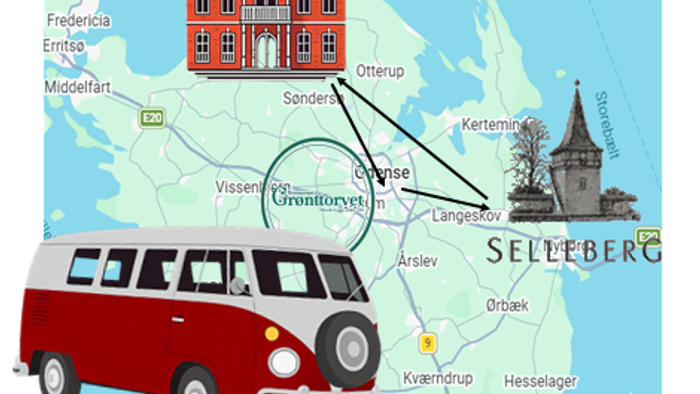 Et vintage varevognstur-kort med fremhævede lokationer, herunder Sellerøg og Grønfortvænget i Danmark.