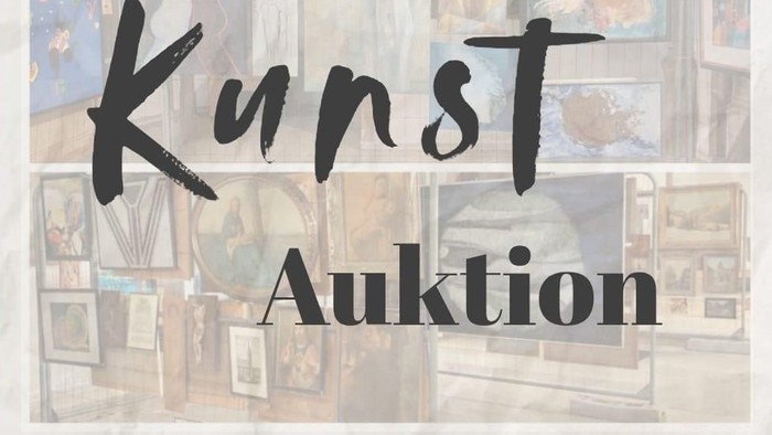 Kunstauktionsplakat für die Herz-Jesu-Kirche am 8. März 2026 mit gespendeten Kunstwerken für wohltätige Zwecke.