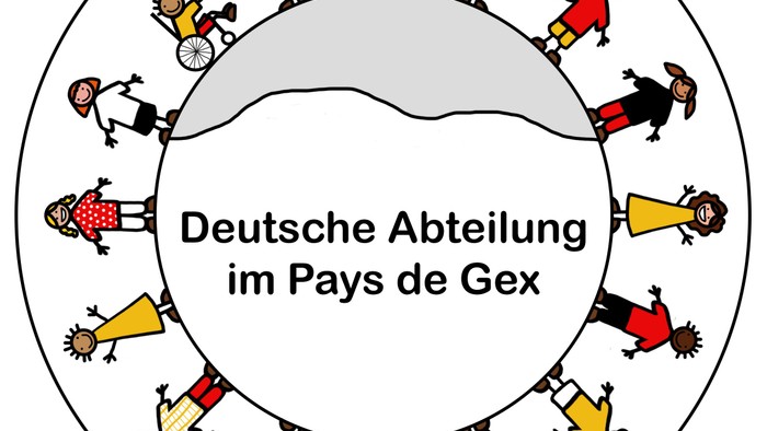 Kinder, die sich im Kreis an den Händen halten, mit der Aufschrift *„Deutsche Abteilung im Pays de Gex“* in der Mitte.
