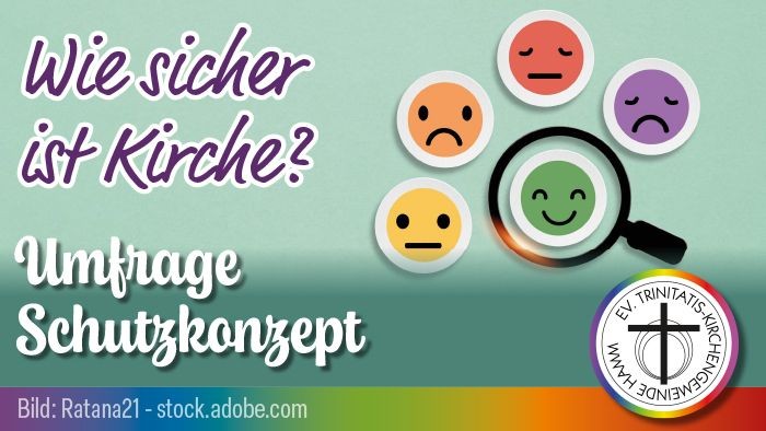 Eine Umfragegrafik, die nach Sicherheits- und Schutzkonzepten in Kirchen fragt und verschiedene emotionale Gesichtsreaktionen verwendet.