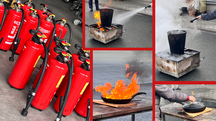Man sieht Feuerlöscher, einen brennenden Topf und wie das Feuer gelöscht wird.