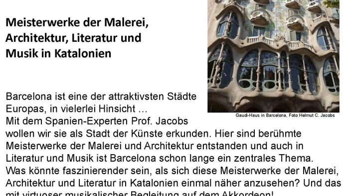 Plakat für eine Vortragsveranstaltung zu Barcelonas Meisterwerken in Kunst, Architektur, Literatur und Musik in Katalonien.