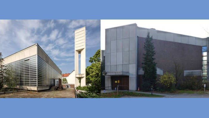 Moderne Industriegebäude mit einzigartigen architektonischen Designs und hohen vertikalen Elementen, umgeben von Grünflächen.