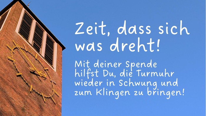 Der Kirchturm der Auferstehungskirche vor blauem Himmel mit dem Text