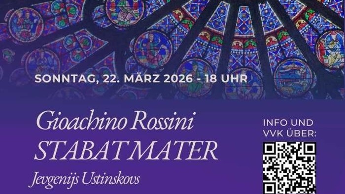 Plakat für das Konzert von Gioachino Rossinis „Stabat Mater“ am 22. März 2026 mit Details und Ticketinformationen.