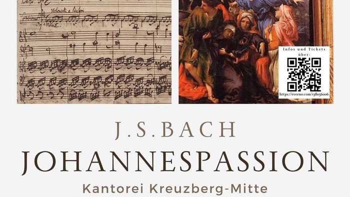 Poster für Bachs Johannespassion mit Musiknoten, Bildern und Veranstaltungseinzelheiten