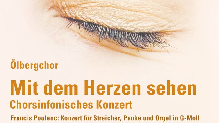 Plakat für ein chorsinfonisches Konzert mit Nahaufnahme von Augen, das klassische Musikaufführungen und Veranstaltungsdetails auflistet.