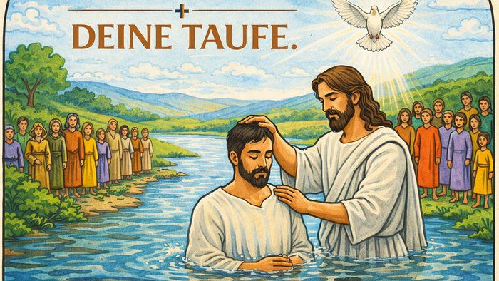 Illustration von Jesus, der eine Taufe segnet, während eine Menschenmenge zuschaut und eine Taube den Heiligen Geist symbolisiert, die darüber schwebt.